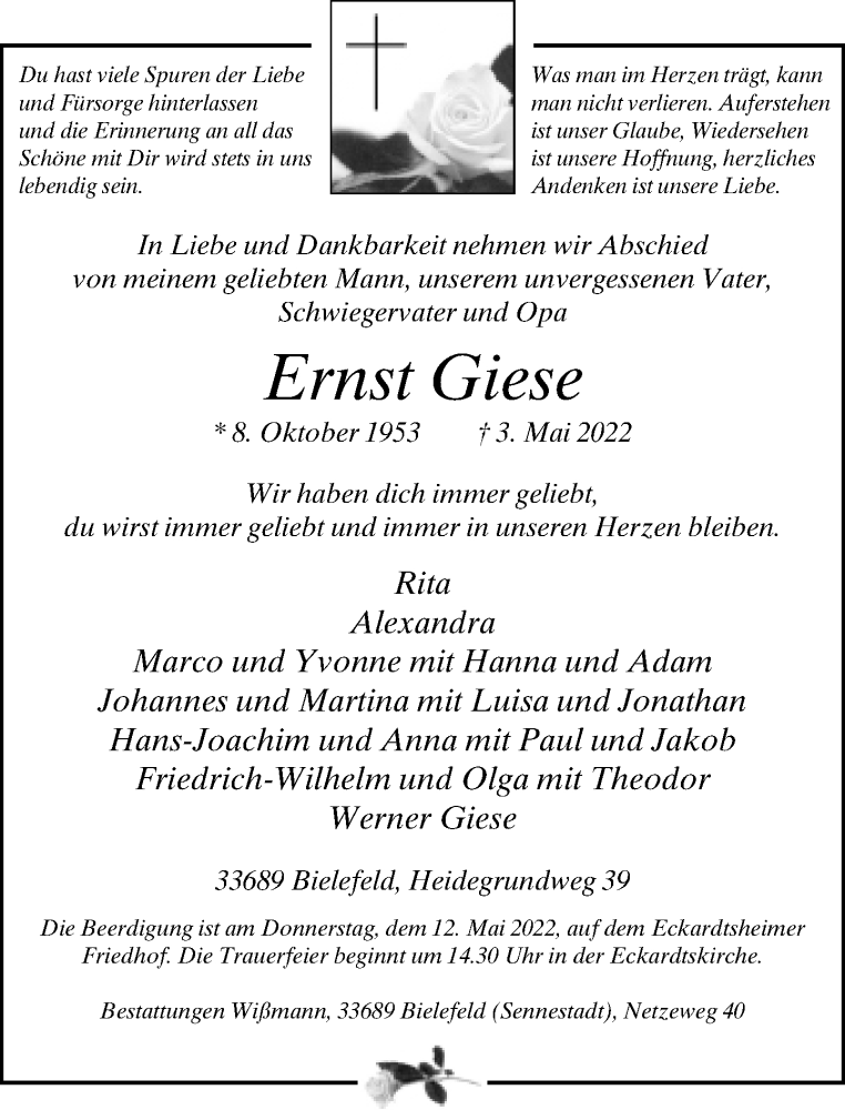  Traueranzeige für Ernst Giese vom 07.05.2022 aus Neue Westfälische