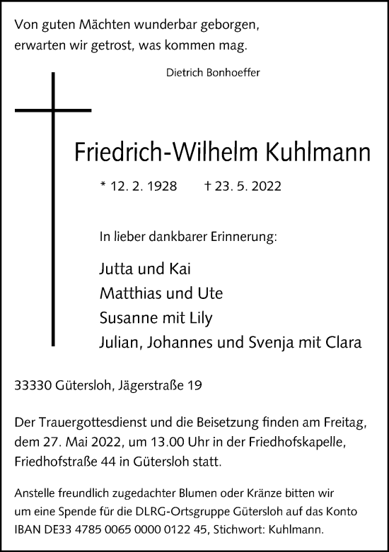 Traueranzeige von Friedrich-Wilhelm Kuhlmann von Neue Westfälische