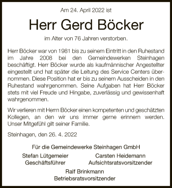 Traueranzeige von Gerd Böcker von Neue Westfälische