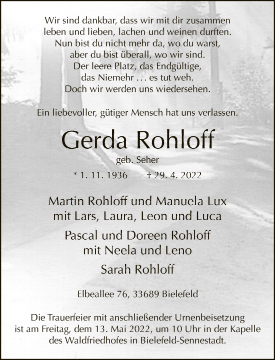 Traueranzeige von Gerda Rohloff von Neue Westfälische
