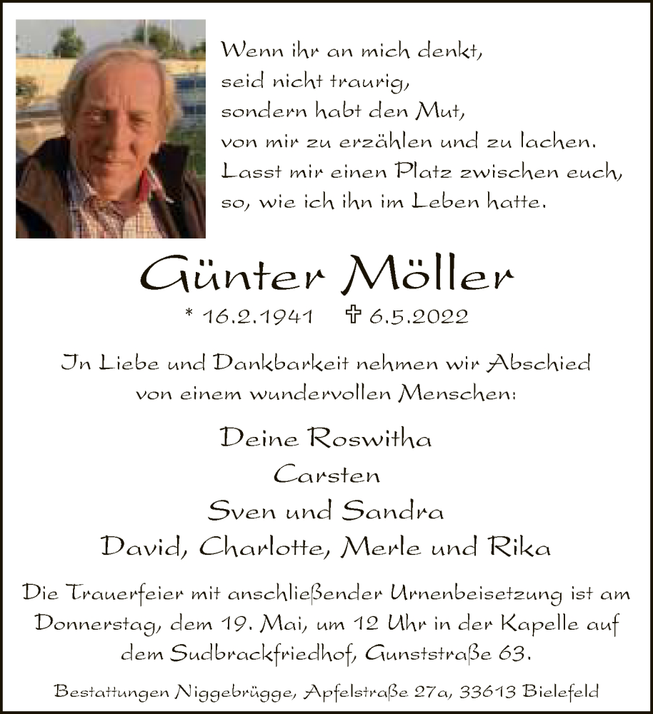  Traueranzeige für Günter Möller vom 14.05.2022 aus Neue Westfälische