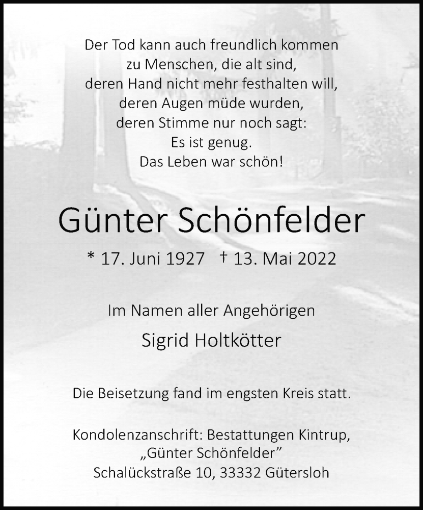  Traueranzeige für Günter Schönfelder vom 21.05.2022 aus Neue Westfälische