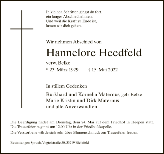 Traueranzeige von Hannelore Heedfeld von Neue Westfälische