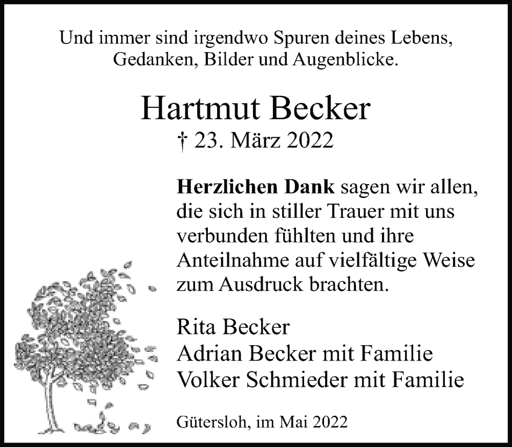  Traueranzeige für Hartmut Becker vom 28.05.2022 aus Neue Westfälische