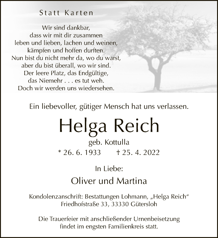  Traueranzeige für Helga Reich vom 04.05.2022 aus Neue Westfälische