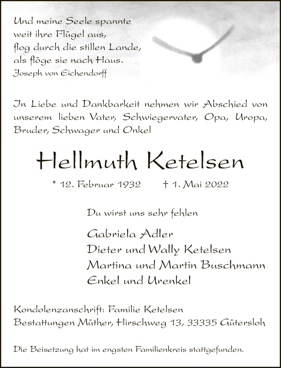 Traueranzeige von Hellmuth Ketelsen von Neue Westfälische