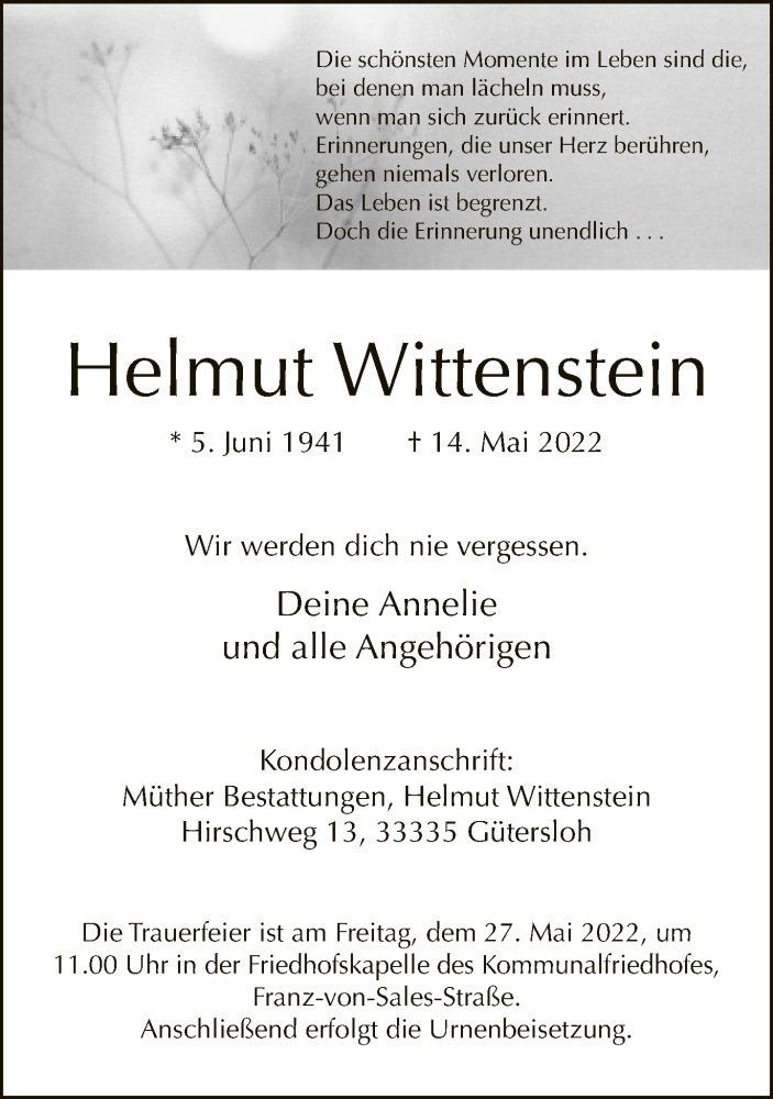  Traueranzeige für Helmut Wittenstein vom 21.05.2022 aus Neue Westfälische