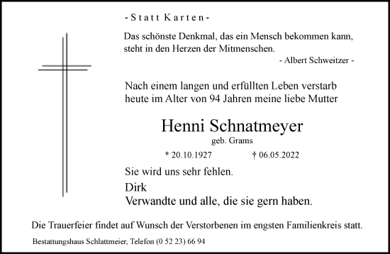 Traueranzeige von Henni Schnatmeyer von Neue Westfälische