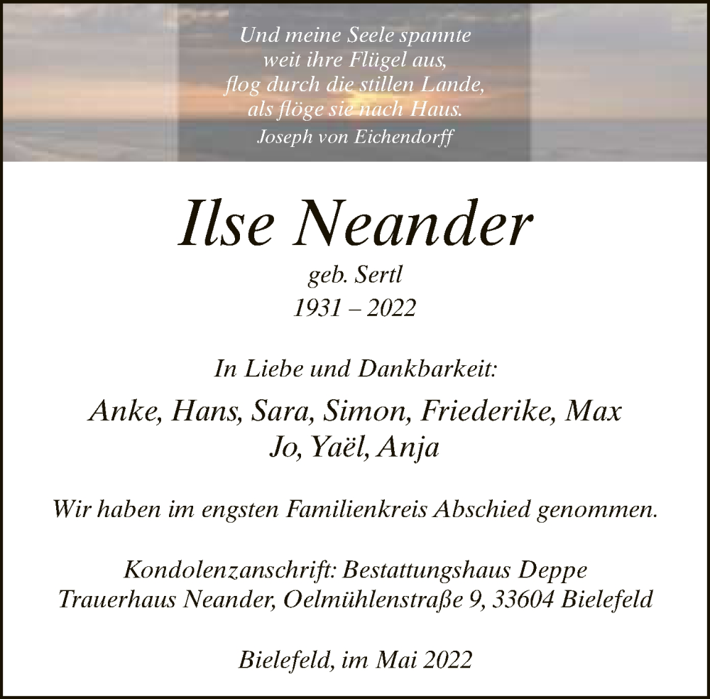  Traueranzeige für Ilse Neander vom 21.05.2022 aus Neue Westfälische