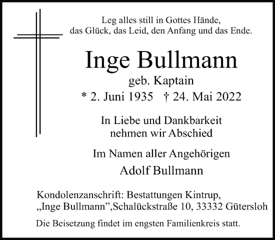 Traueranzeige von Inge Bullmann von Neue Westfälische