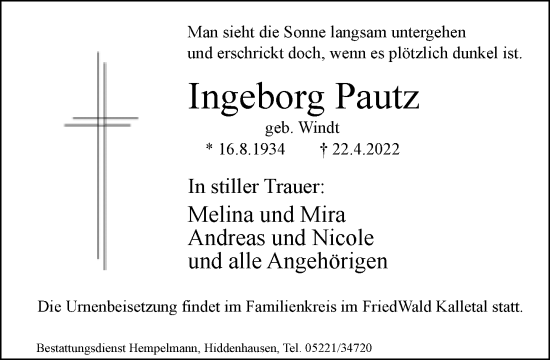 Traueranzeige von Ingeborg Pautz von Neue Westfälische