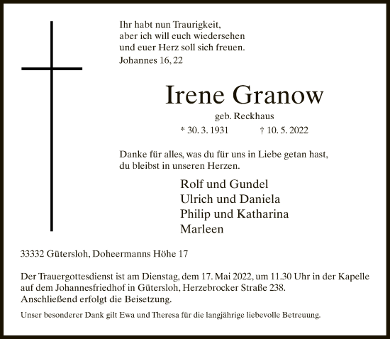 Traueranzeige von Irene Granow von Neue Westfälische