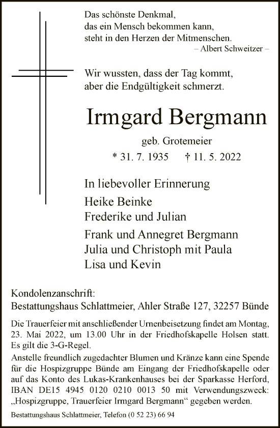 Traueranzeige von Irmgard Bergmann von Neue Westfälische