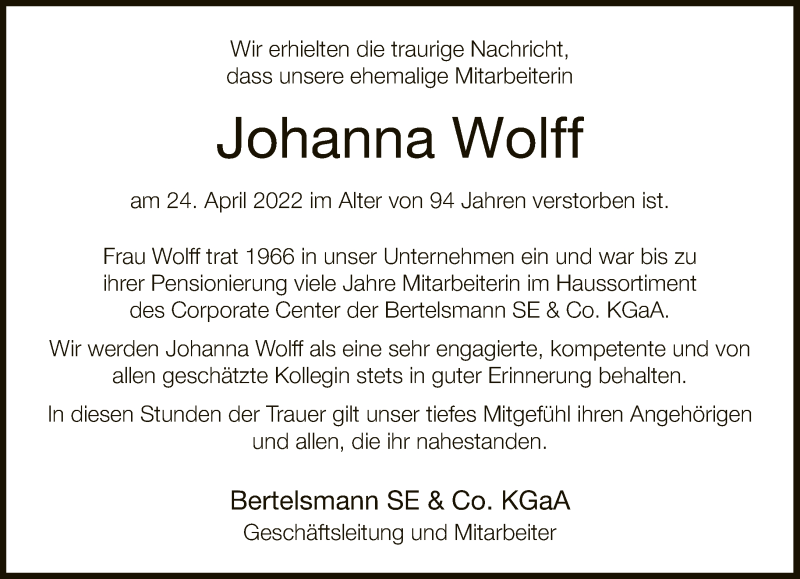  Traueranzeige für Johanna Wolff vom 03.05.2022 aus Neue Westfälische