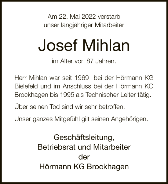 Traueranzeige von Josef Mihlan von Neue Westfälische