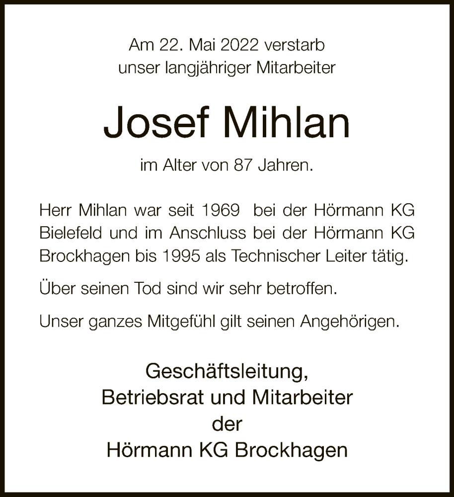  Traueranzeige für Josef Mihlan vom 28.05.2022 aus Neue Westfälische