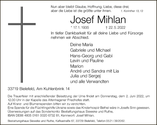 Traueranzeige von Josef Mihlan von Neue Westfälische