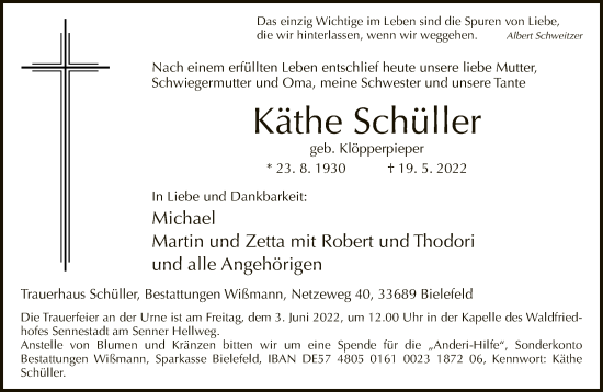 Traueranzeige von Käthe Schüller von Neue Westfälische