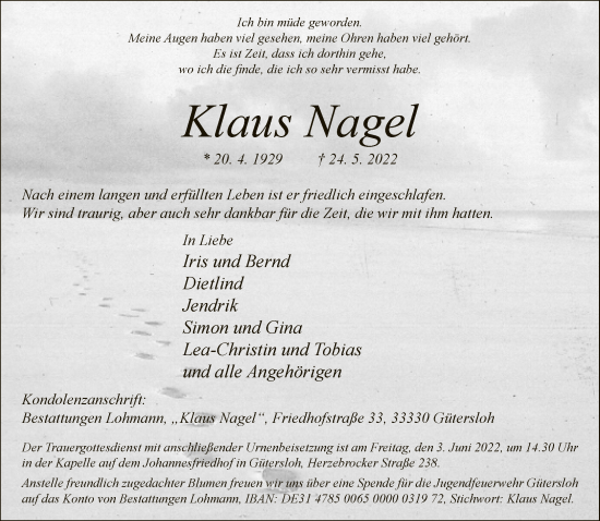 Traueranzeige von Klaus Nagel von Neue Westfälische