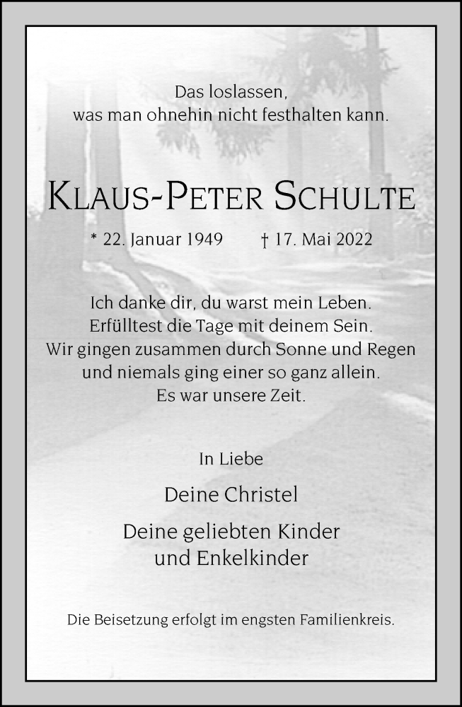  Traueranzeige für Klaus-Peter Schulte vom 21.05.2022 aus Neue Westfälische