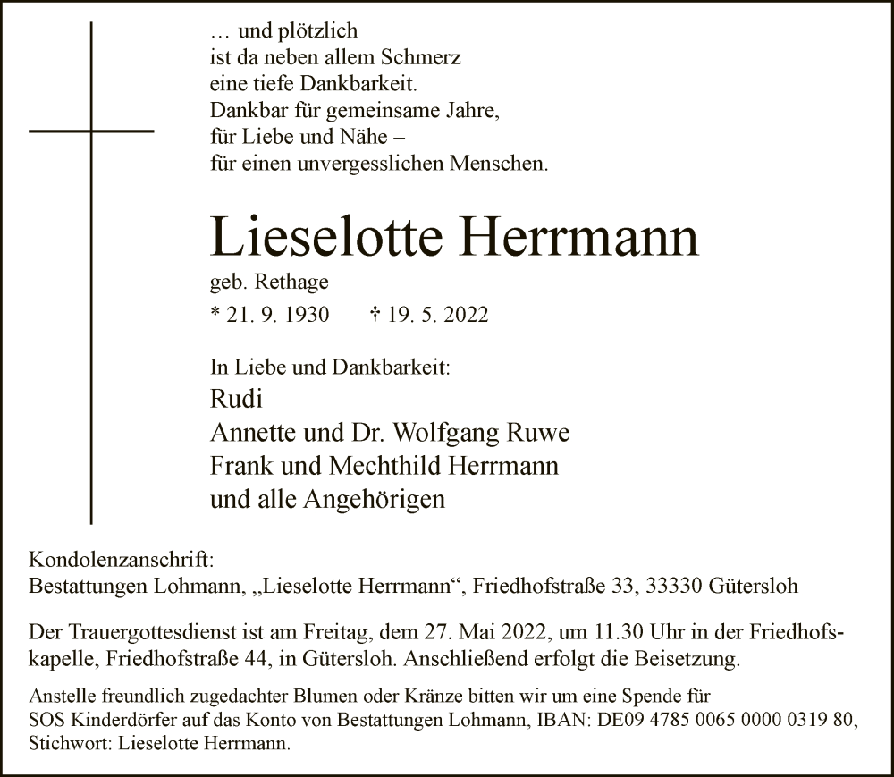 Traueranzeige für Lieselotte Hermann vom 21.05.2022 aus Neue Westfälische