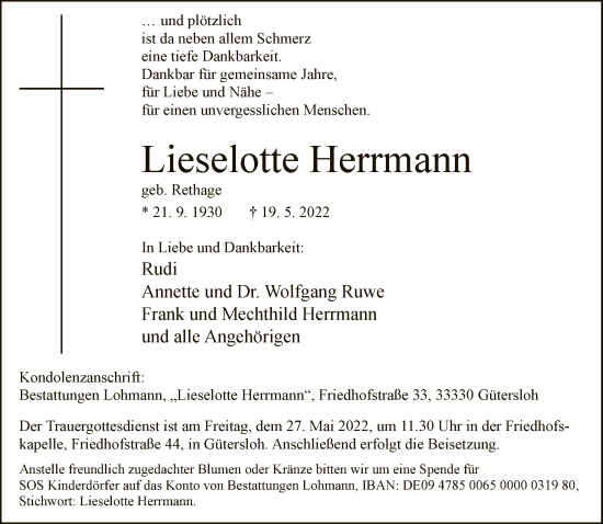 Traueranzeige von Lieselotte Hermann von Neue Westfälische