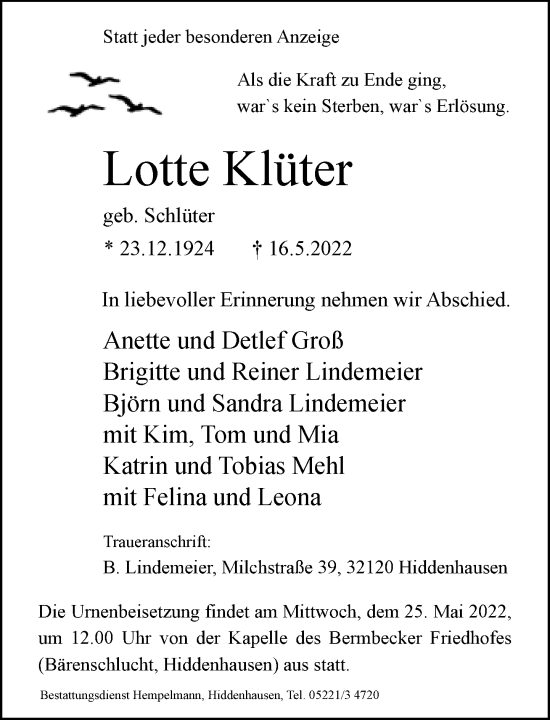 Traueranzeige von Lotte Klüter von Neue Westfälische