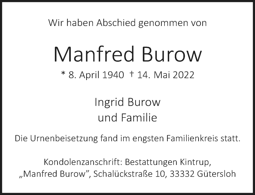  Traueranzeige für Manfred Burow vom 24.05.2022 aus Neue Westfälische