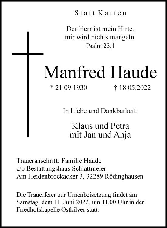 Traueranzeige von Manfred Haude von Neue Westfälische