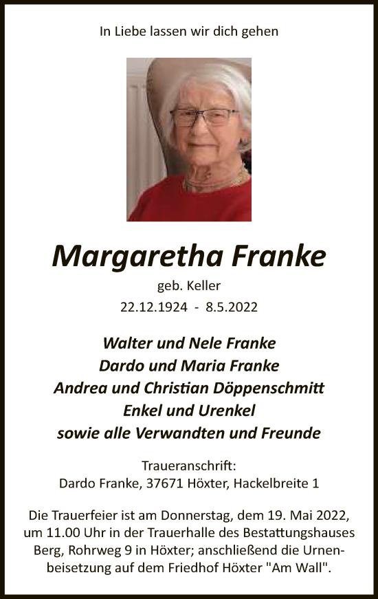Traueranzeige von Margaretha Franke von Neue Westfälische