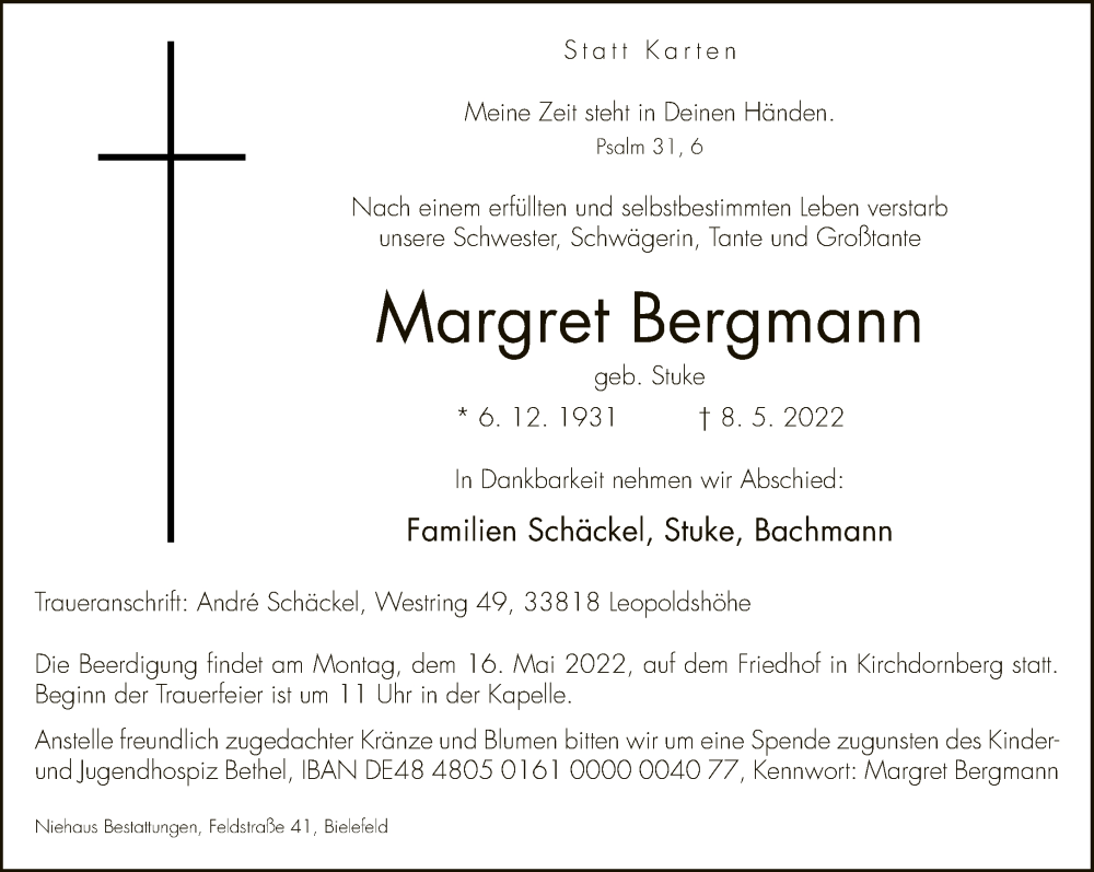  Traueranzeige für Margret Bergmann vom 14.05.2022 aus Neue Westfälische