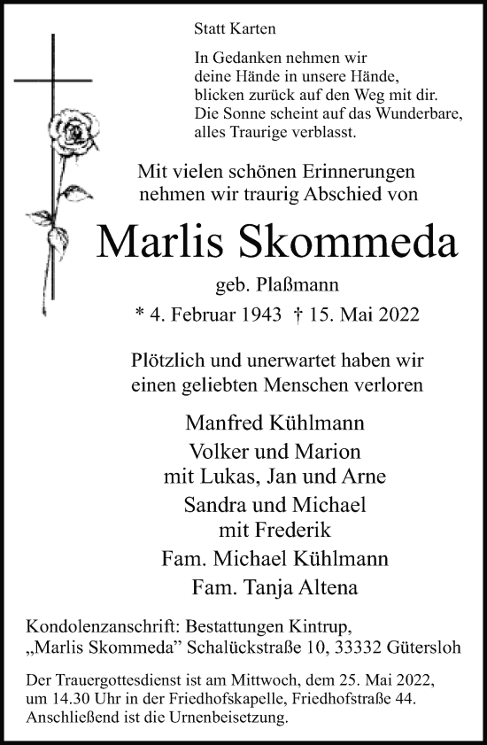 Traueranzeige von Marlis Skommeda von Neue Westfälische