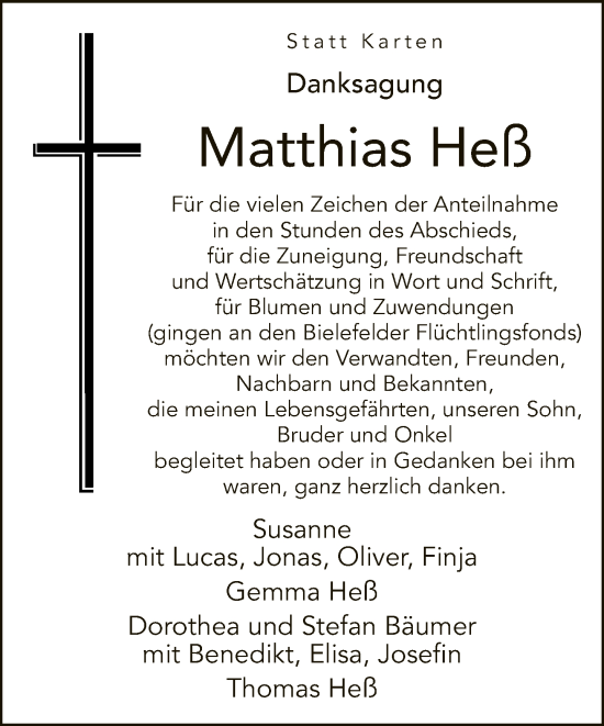 Traueranzeige von Matthias Heß von Neue Westfälische