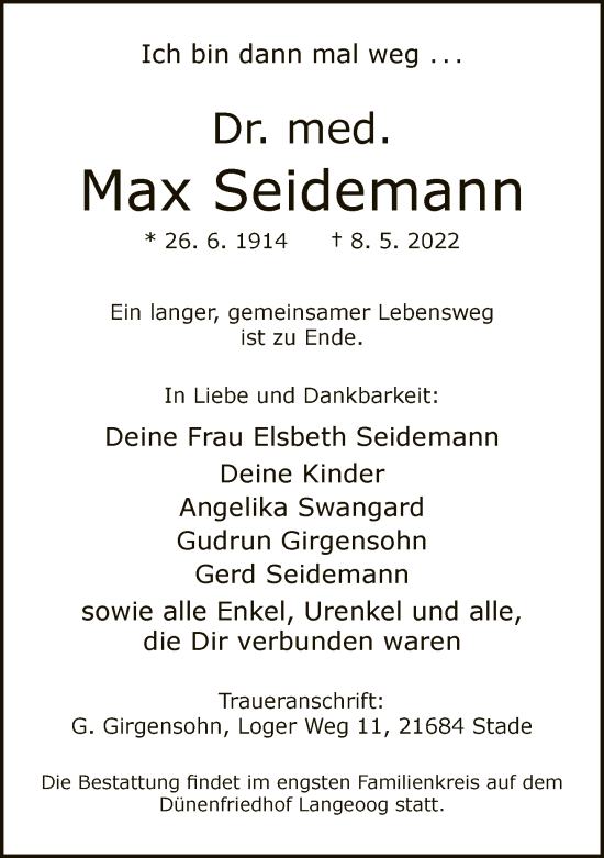 Traueranzeige von Max Seidemann von Neue Westfälische