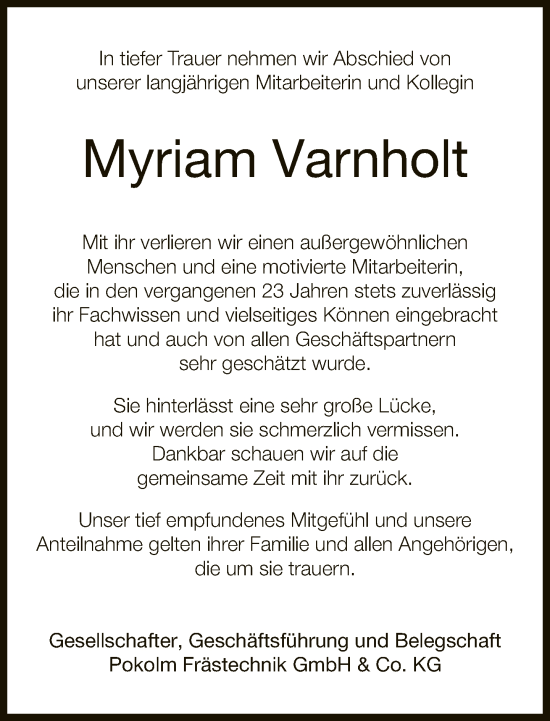 Traueranzeige von Myriam Varnholt von Neue Westfälische