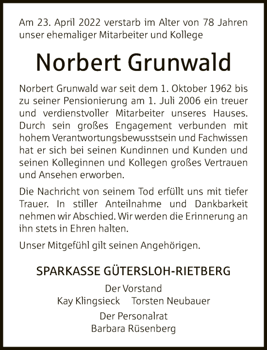 Traueranzeige von Norbert Grunwald von Neue Westfälische