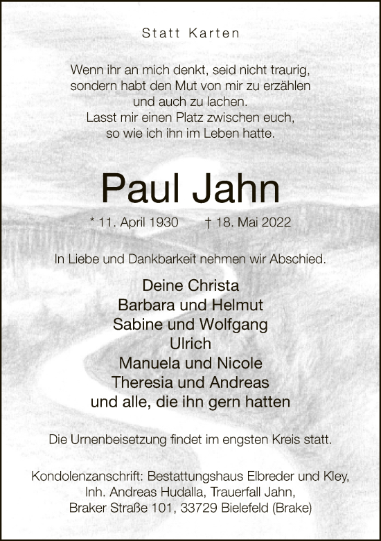 Traueranzeige von Paul Jahn von Neue Westfälische