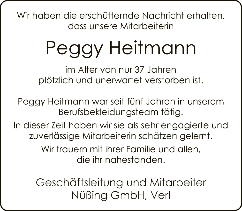 Traueranzeige für Peggy Heitmann vom 04.05.2022 aus Neue Westfälische