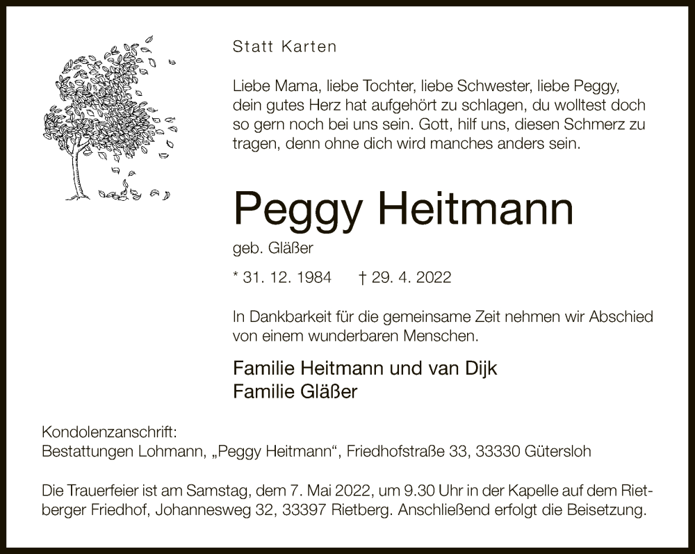  Traueranzeige für Peggy Heitmann vom 04.05.2022 aus Neue Westfälische