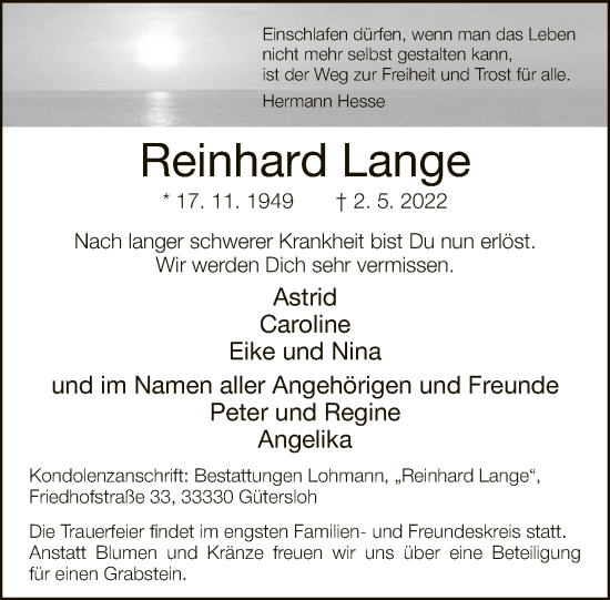 Traueranzeige von Reinhard Lange von Neue Westfälische