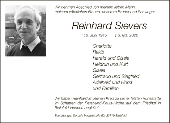 Traueranzeige von Reinhard Sievers von Neue Westfälische