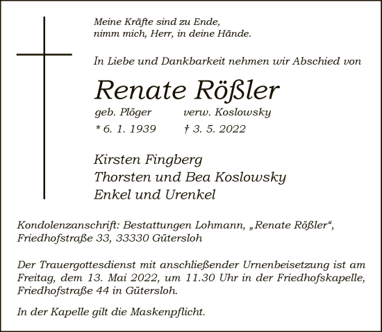 Traueranzeige von Renate Rößler von Neue Westfälische