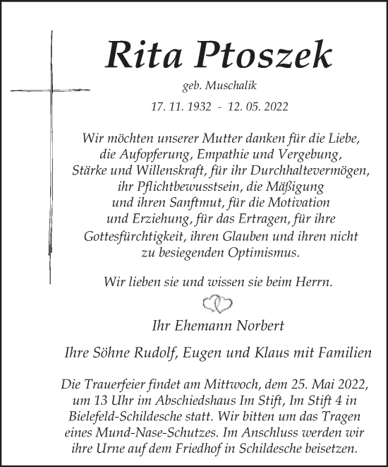 Traueranzeige von Rita Ptoszek von Neue Westfälische
