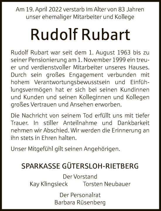 Traueranzeige von Rudolf Rubart von Neue Westfälische