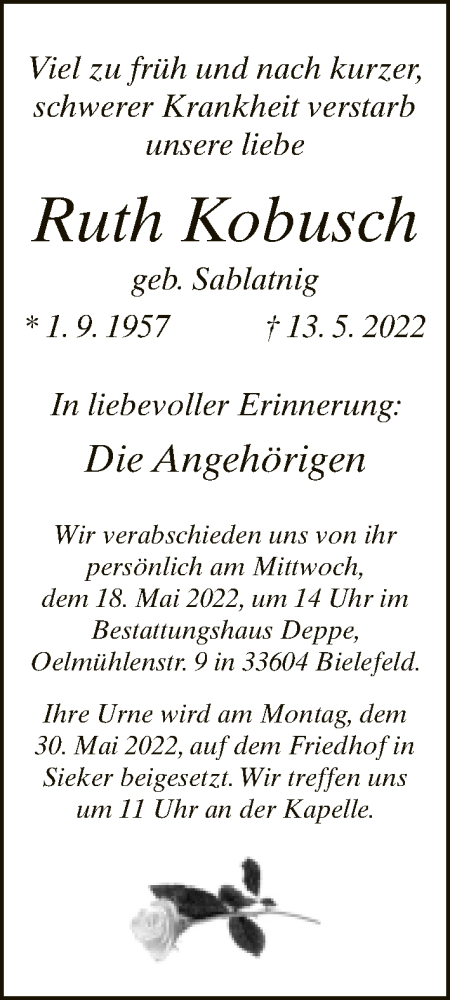 Traueranzeige von Ruth Kobusch von Neue Westfälische