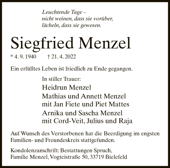 Traueranzeige von Siegfried Menzel von Neue Westfälische