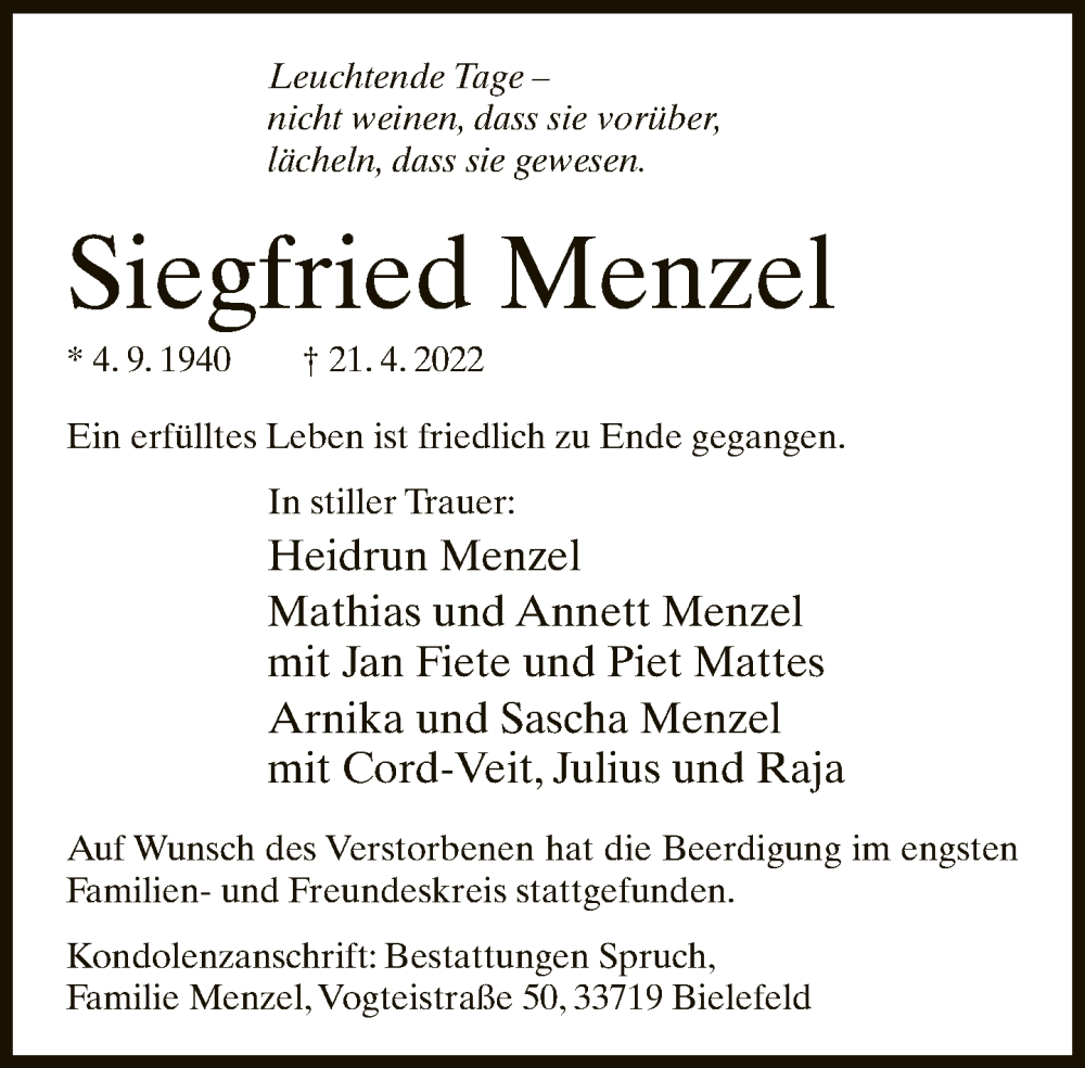  Traueranzeige für Siegfried Menzel vom 14.05.2022 aus Neue Westfälische