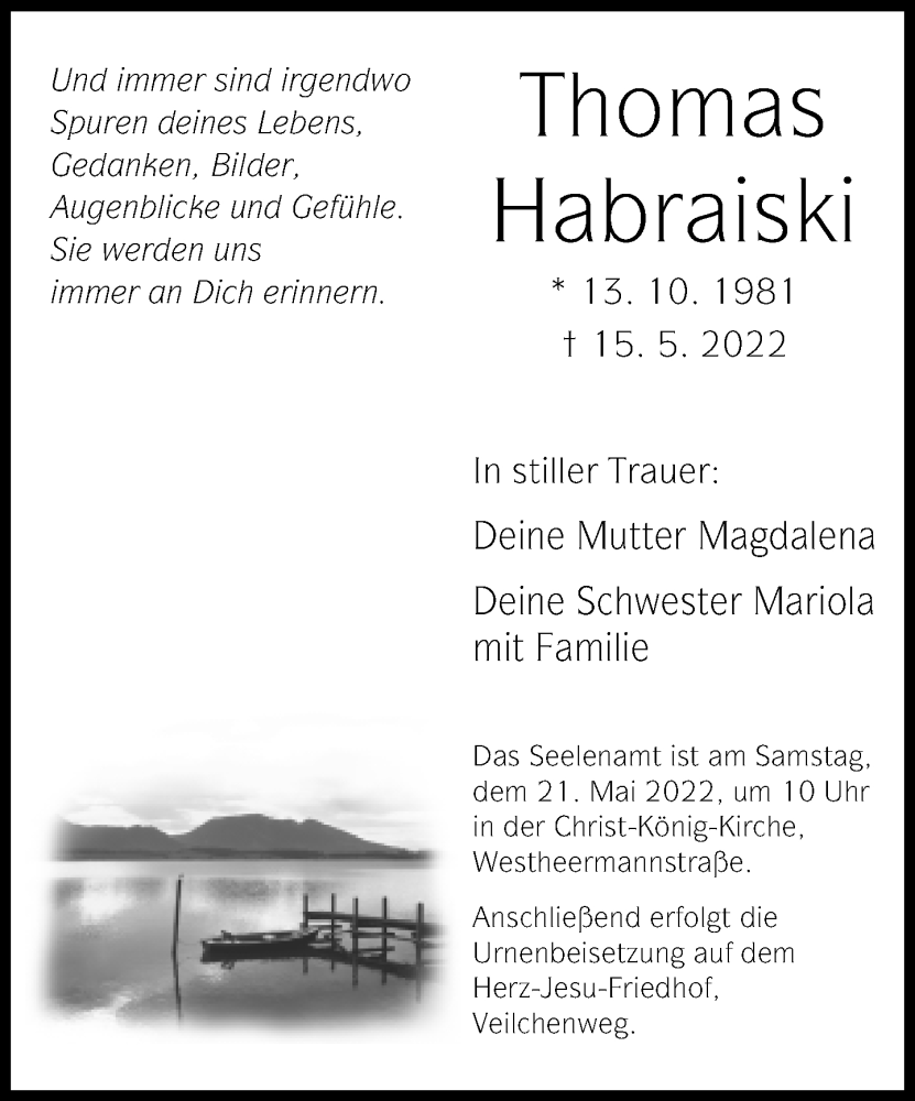  Traueranzeige für Thomas Habraiski vom 18.05.2022 aus Neue Westfälische