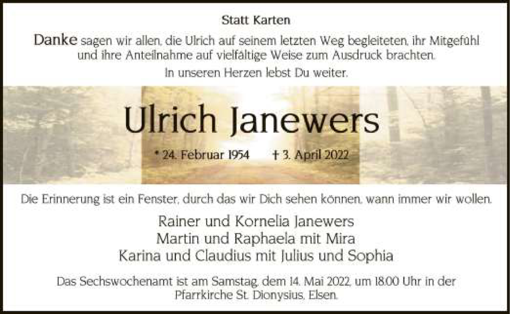  Traueranzeige für Ulrich Janewers vom 07.05.2022 aus Neue Westfälische