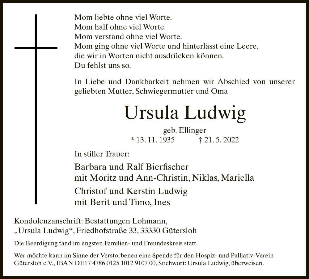  Traueranzeige für Ursula Ludwig vom 31.05.2022 aus Neue Westfälische